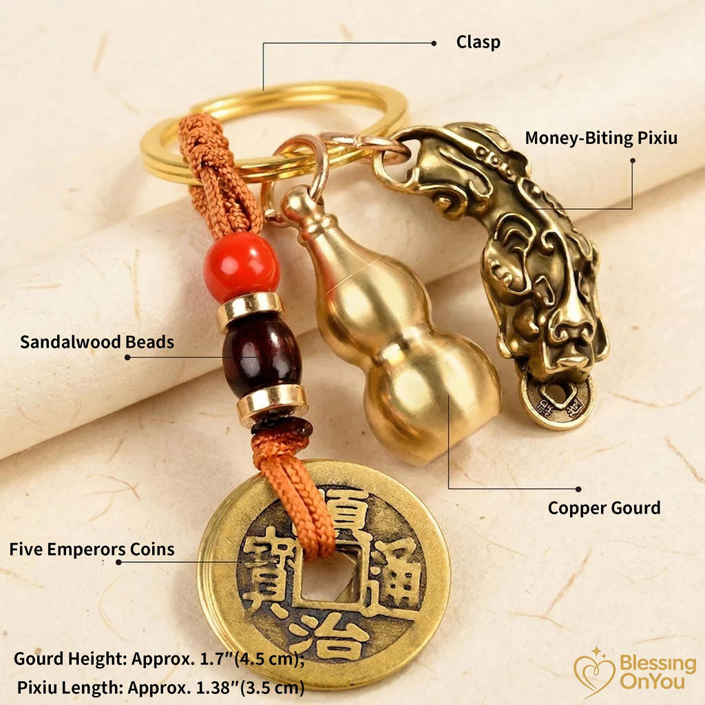 Feng Shui Lucky Cat Keychain, Five Emperor Coins Brass Keychain, Pixiu Wealth Charm, Wu Lou Gourd, Protection Amulet, Lucky Gift