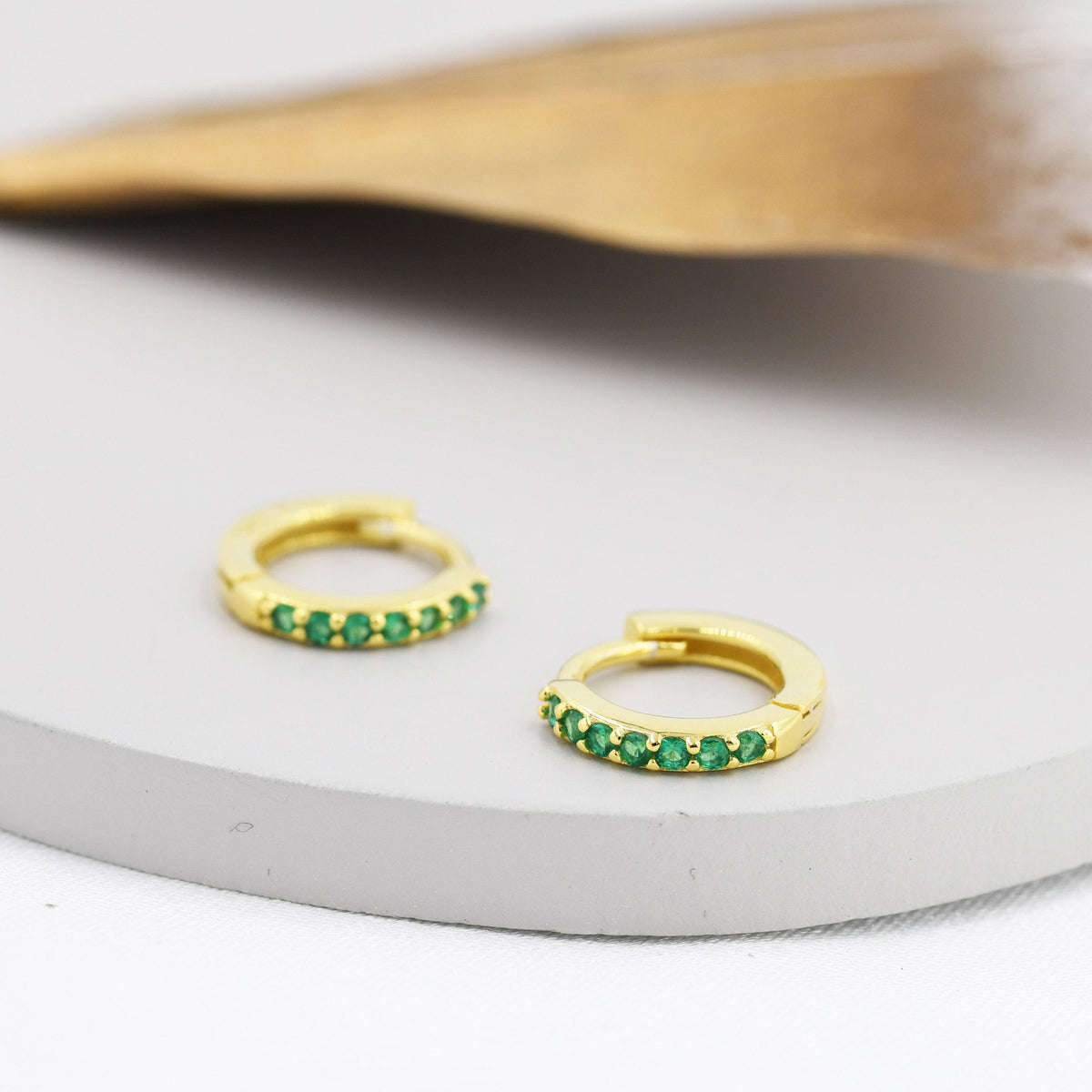 Emerald Green CZ Huggie Hoops in Sterling Silver, Silver or Gold, Minimalist Hoop Earrings, 6mm, 7mm, 8mm Hoops, cartilage hoops,