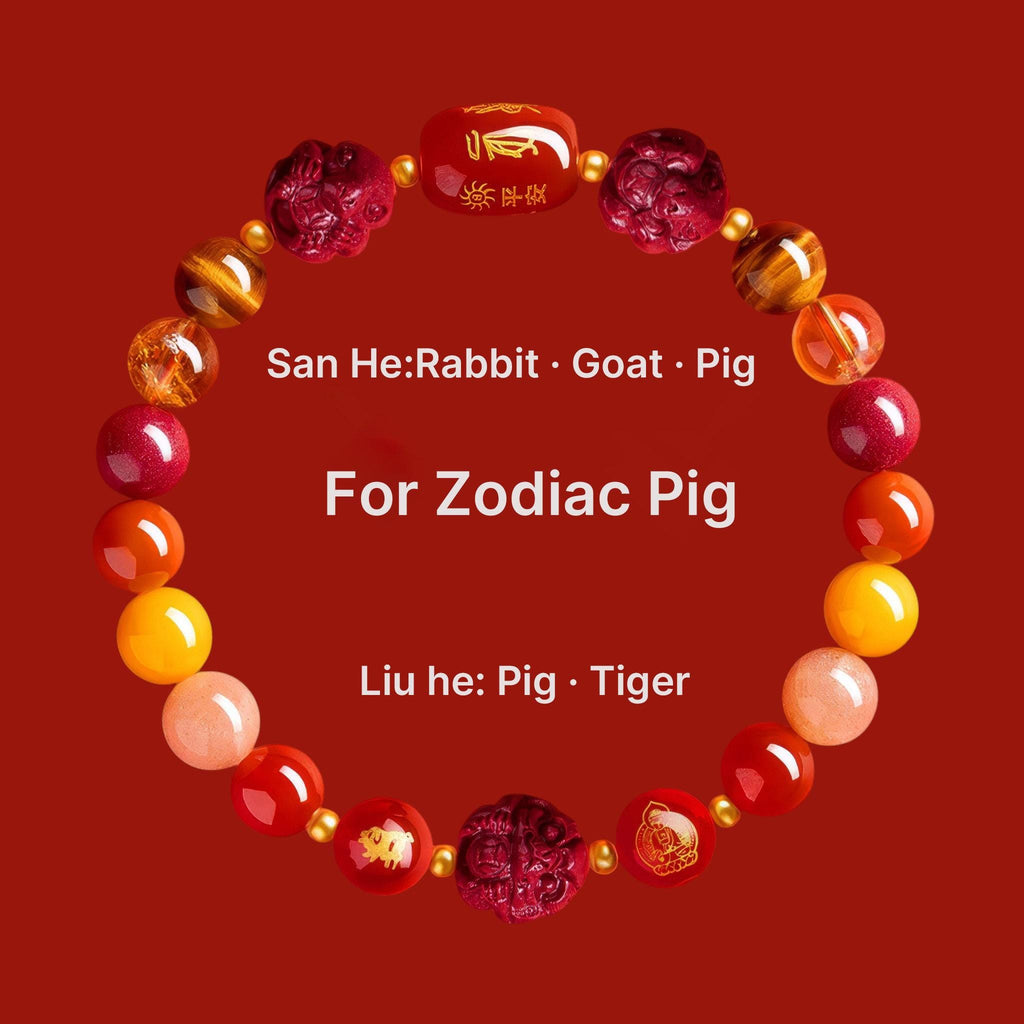 2027 Zodiac Gift Bracelet, Tai Sui Protection Bracelet, Natural Cinnabar & Gemstones, San He Liu He Talisman, Temple Blessed Chinese Zodiac