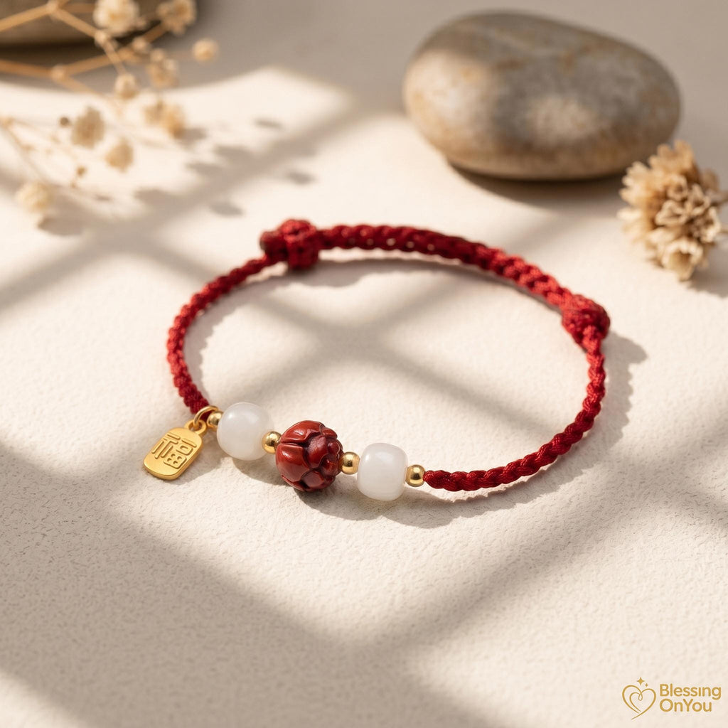 Cinnabar Lotus Red String Bracelet | Buddhist Meditation Bracelet | Handmade Protection Charm | Jade Fu Lucky Spiritual Bracelet Gift