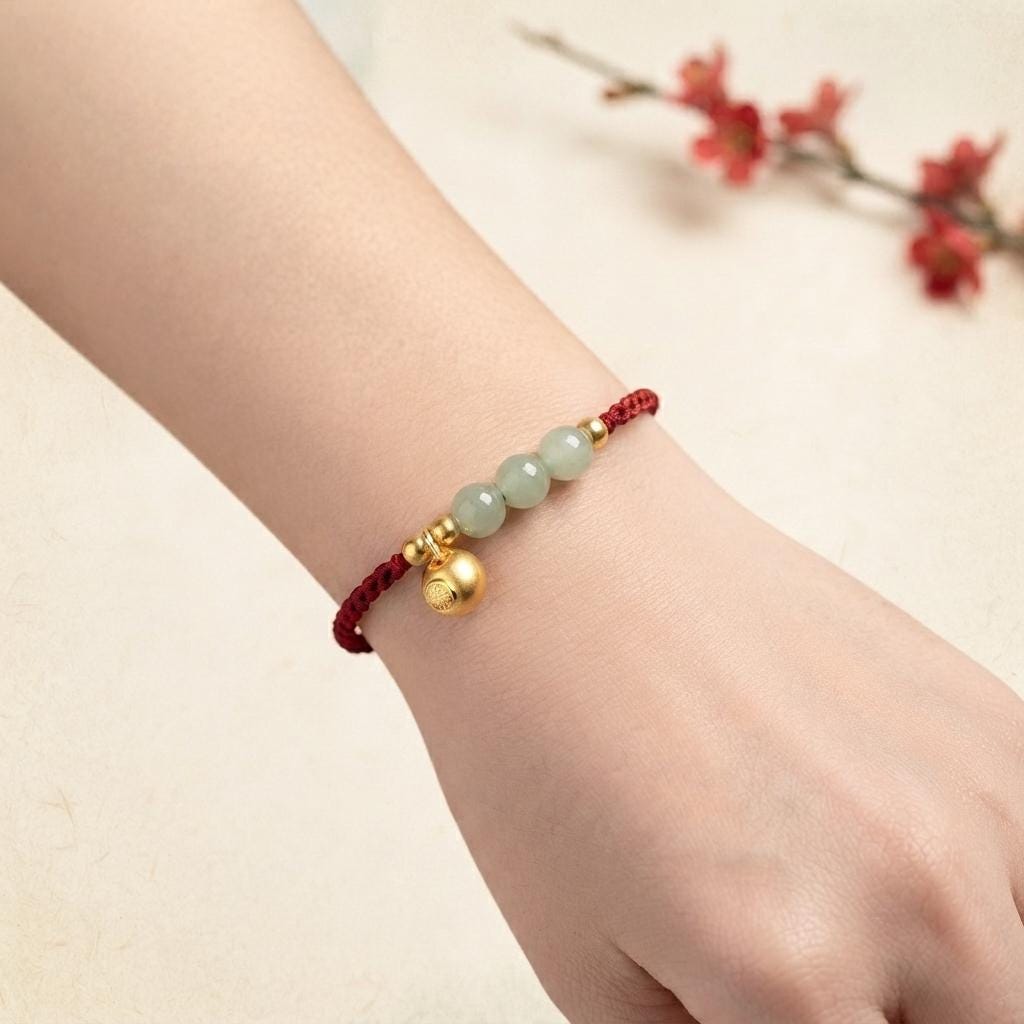 Red String Bracelet Jade Beaded Bracelet, Lucky Fu Charm Bracelet, Fortune Bag Charm Jewelry, Adjustable Handmade Gift for Her