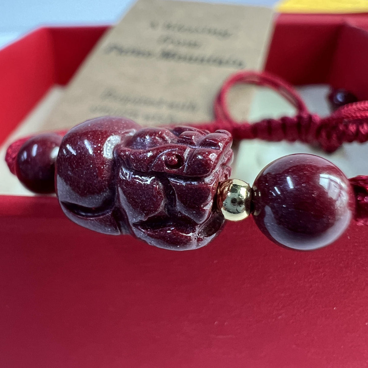 Hand-Carved Cinnabar Pixiu Bracelet | Red String Chinese Knot Prosperity Charm