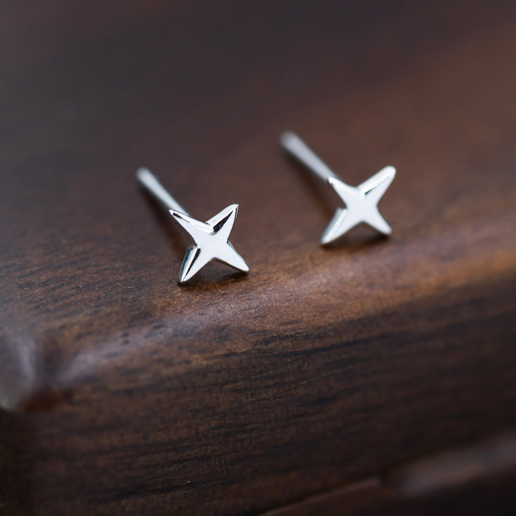 Four Point Star Stud Earrings in Sterling Silver, Tiny Celestial Stud, Gold or Silver, Tiny Star Earrings
