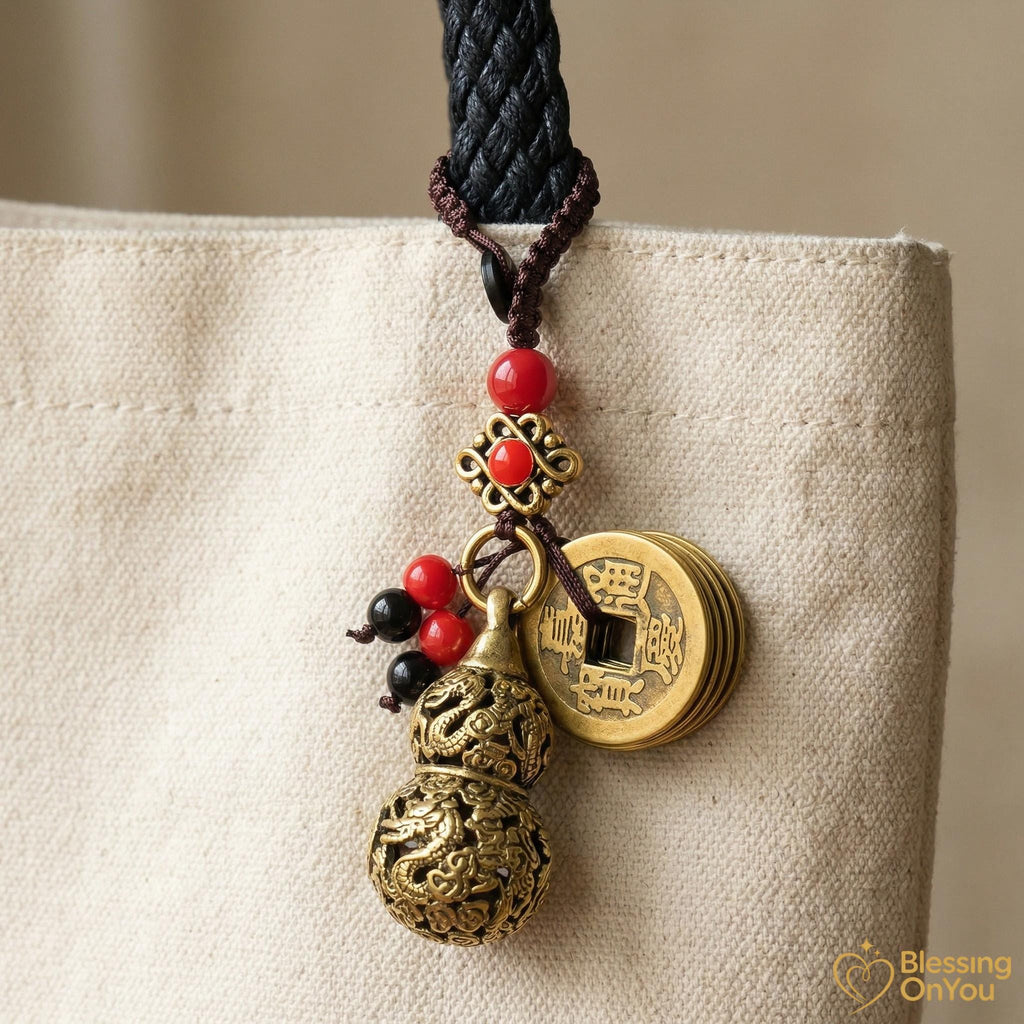 Feng Shui Lucky Cat Keychain, Five Emperor Coins Brass Keychain, Pixiu Wealth Charm, Wu Lou Gourd, Protection Amulet, Lucky Gift