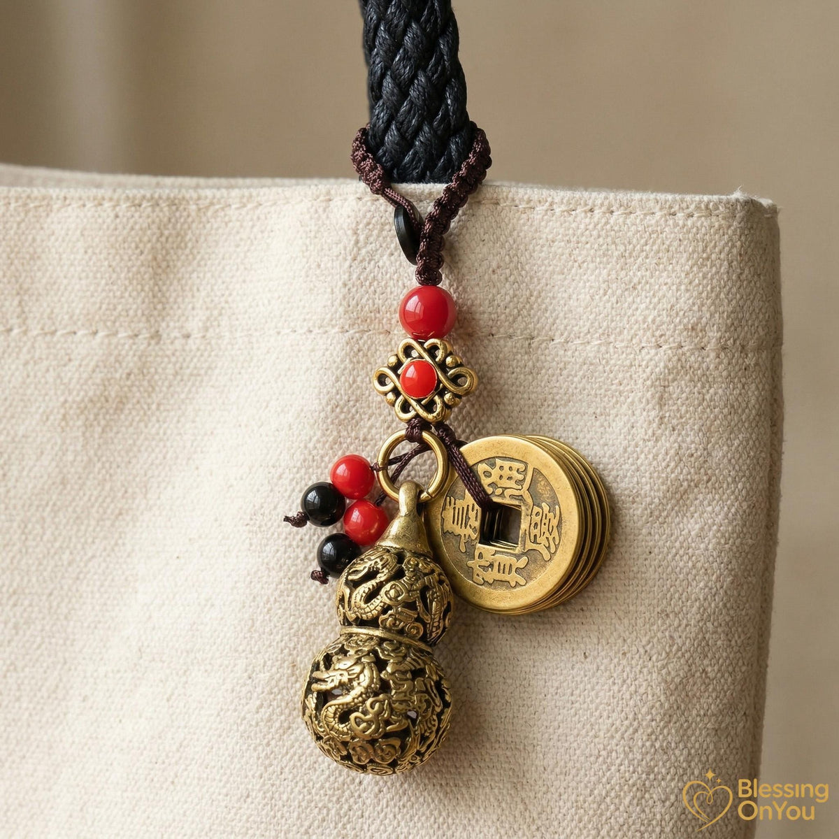 Feng Shui Lucky Cat Keychain, Five Emperor Coins Brass Keychain, Pixiu Wealth Charm, Wu Lou Gourd, Protection Amulet, Lucky Gift