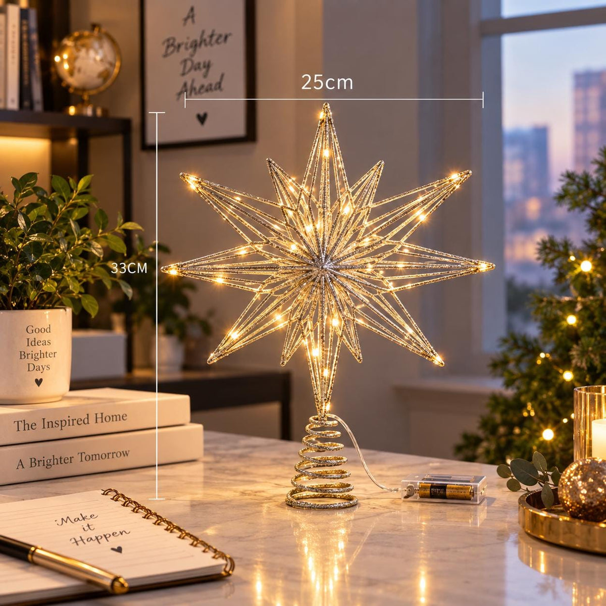 Christmas Tree Star Topper with LED Lights, Warm White Glitter Star, Lighted Holiday Decor