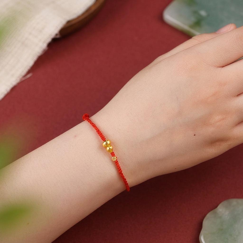 Gold Plated Fu Lu Gourd Red String Bracelet, Lucky Feng Shui Protection Bracelet, Adjustable Minimalist Coin Charm Jewelry Gift for Her Him