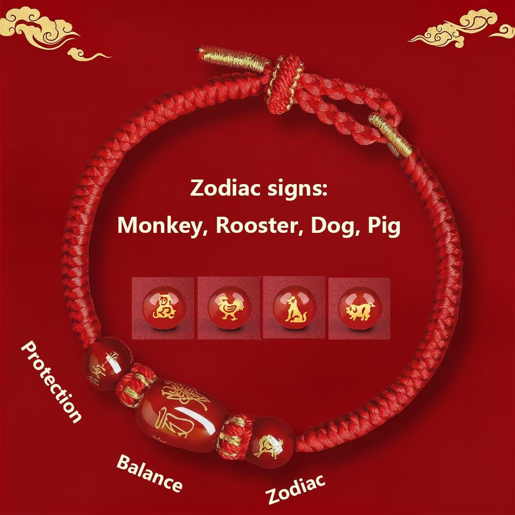 Buddhist Spiritual Zodiac Red String Bracelet | Temple Blessed Agate Protection Bracelet | Feng Shui Lucky Amulet for Horse, Rat & Rabbit