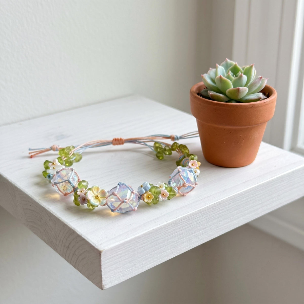 Woven Rope Bracelet with Raw Crystals and Pastel Flowers – Botanical Fairycore Jewelry