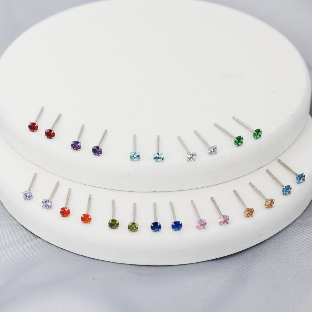 Sterling Silver Tiny Birthstone Stud Earrings, 3mm Birthstone CZ Earrings, Stacking Earrings