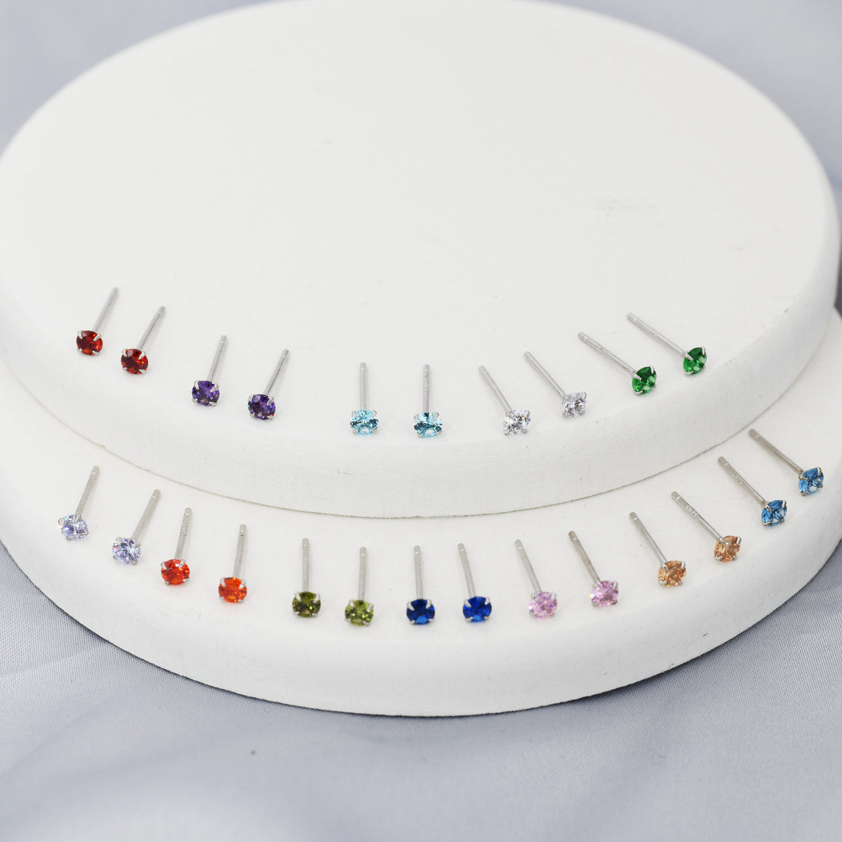 Sterling Silver Tiny Birthstone Stud Earrings, 3mm Birthstone CZ Earrings, Stacking Earrings