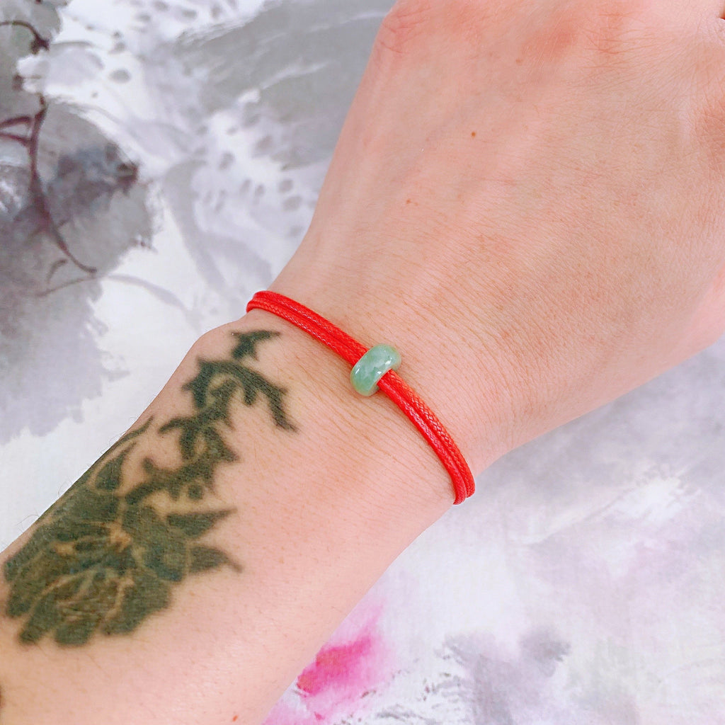 Green Jade Donut Bracelet: Red String Amulet, Adjustable Cord
