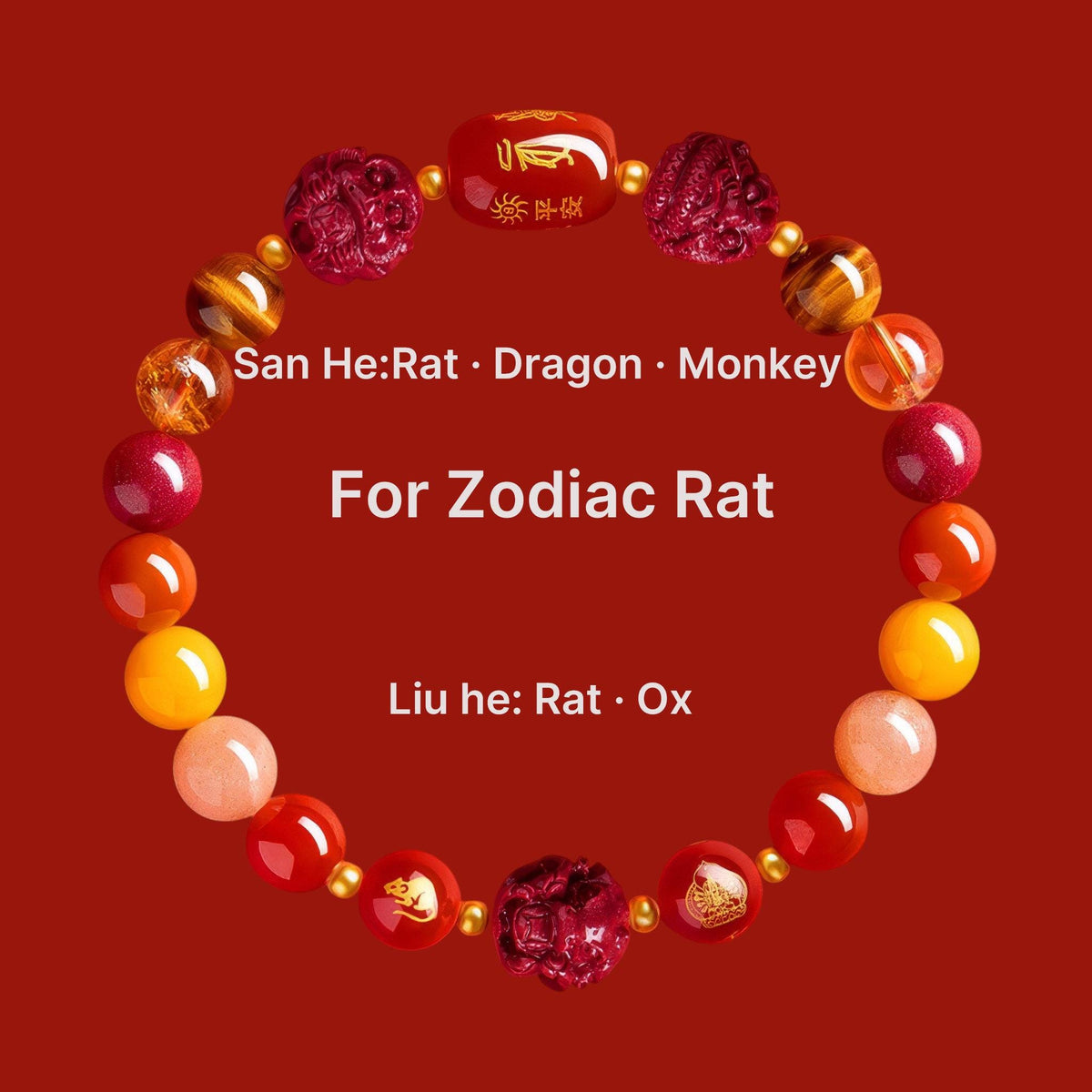2027 Zodiac Gift Bracelet, Tai Sui Protection Bracelet, Natural Cinnabar & Gemstones, San He Liu He Talisman, Temple Blessed Chinese Zodiac