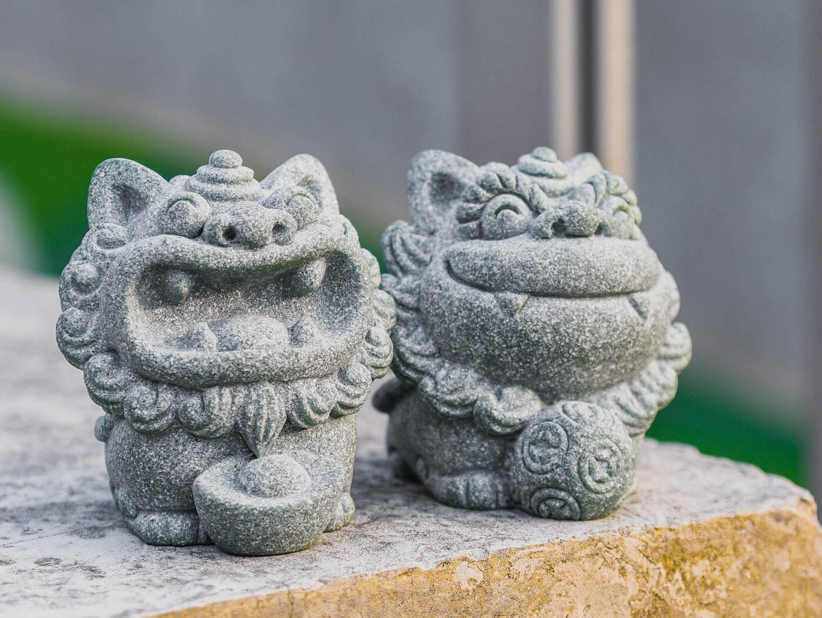Pair of miniature foo dog stone statues inspired by guardian lion statues