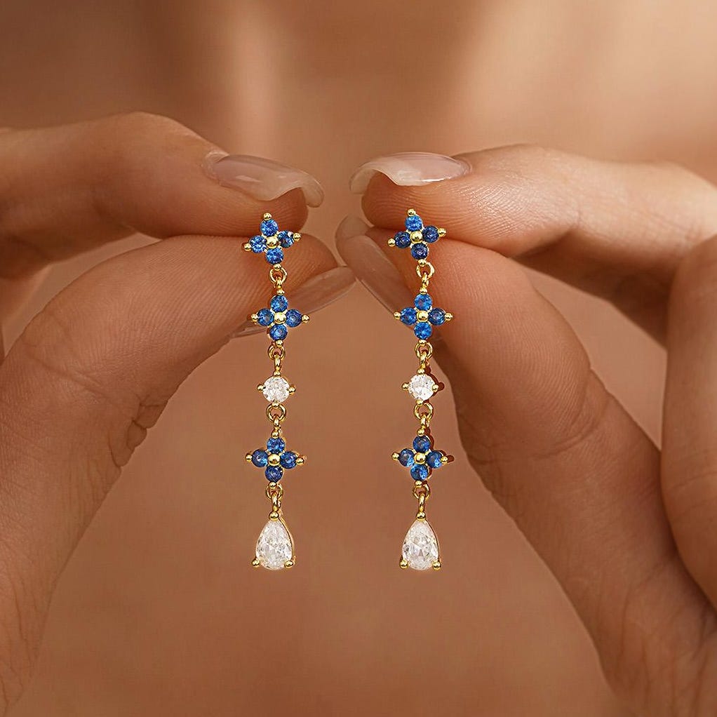Flower Diamond Drop Earrings, Minimalist Blue Sapphire Flower Earrings, Wedding Dangle Earrings, Gemstone Gifts for Her, Bridesmaid Gifts