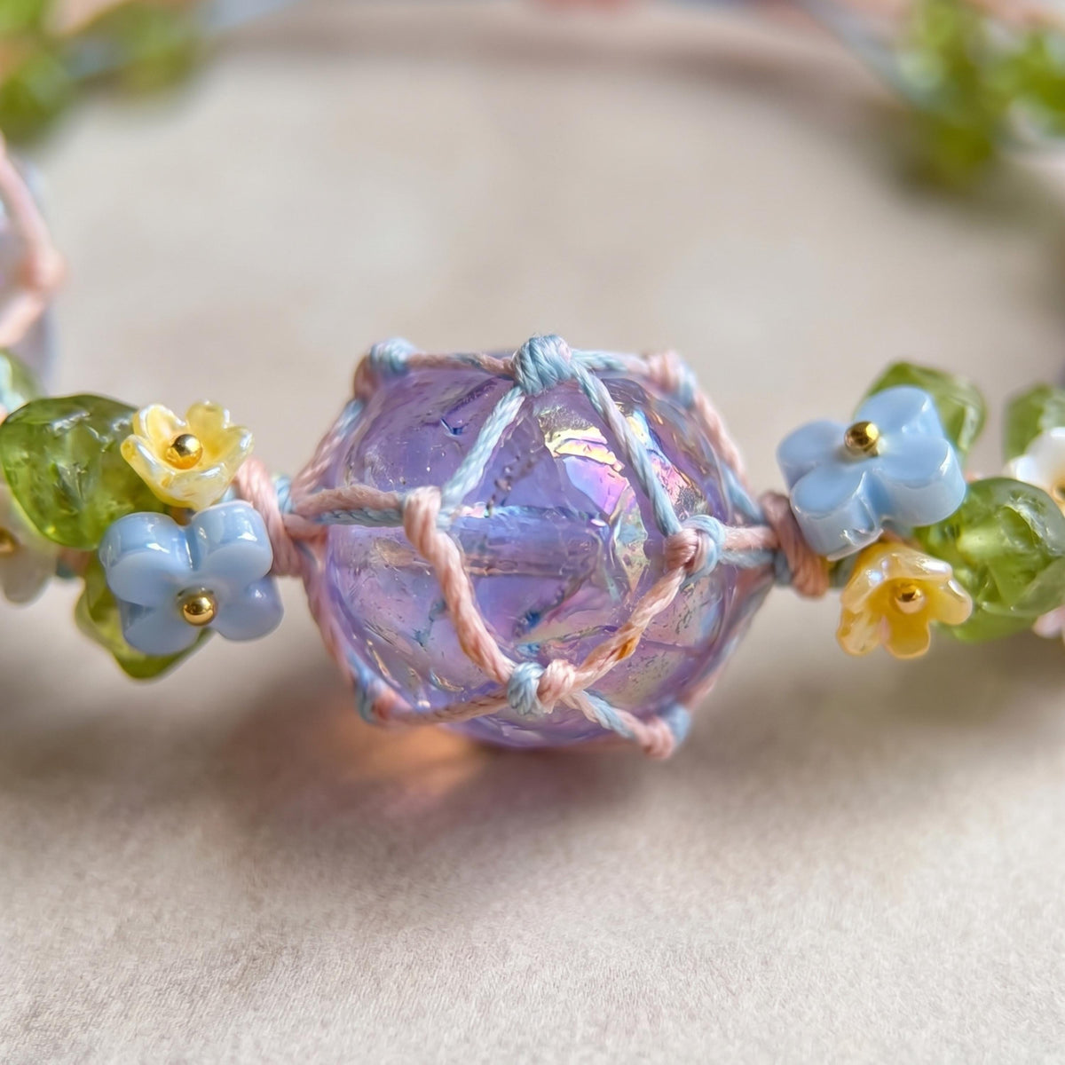 Woven Rope Bracelet with Raw Crystals and Pastel Flowers – Botanical Fairycore Jewelry