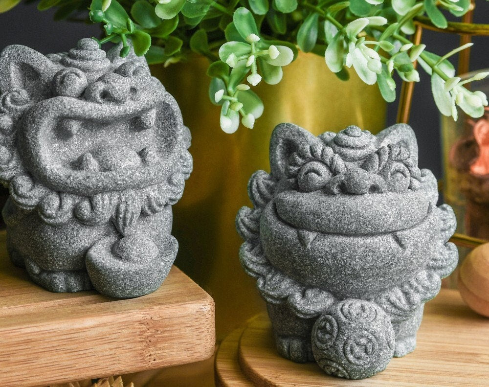 Pair of miniature foo dog stone statues inspired by guardian lion statues