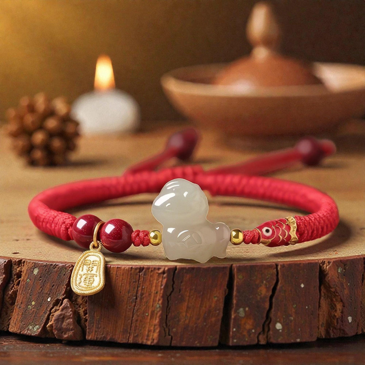 Natural Jade & Cinnabar Protection Bracelet, Temple Blessed, 2026 Horse Zodiac Gift, Good Luck Koi Fish Charm