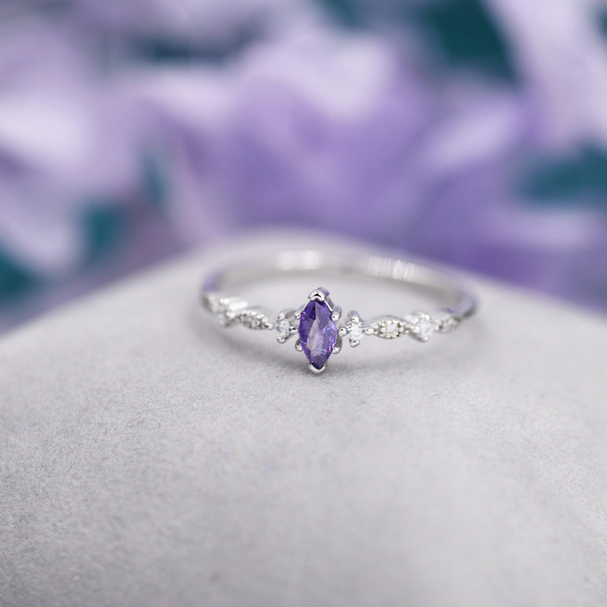 Vintage Inspired Amethyst Purple CZ Ring in Sterling Silver, Marquise Ring, Delicate Amethyst Ring, Size US 5 - 8