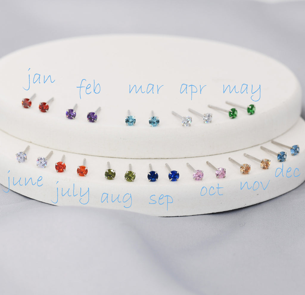 Sterling Silver Tiny Birthstone Stud Earrings, 3mm Birthstone CZ Earrings, Stacking Earrings