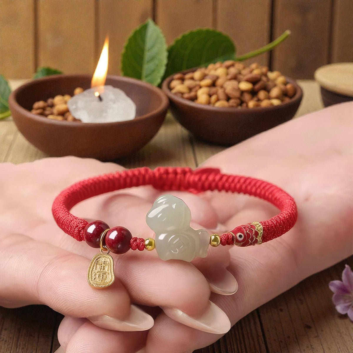 Natural Jade & Cinnabar Protection Bracelet, Temple Blessed, 2026 Horse Zodiac Gift, Good Luck Koi Fish Charm
