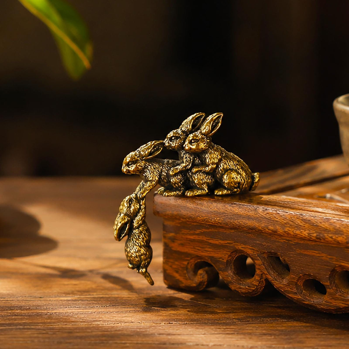 Solid Brass Loving Rabbit Family Figurine Four Bunnies Desk Decor Gift
