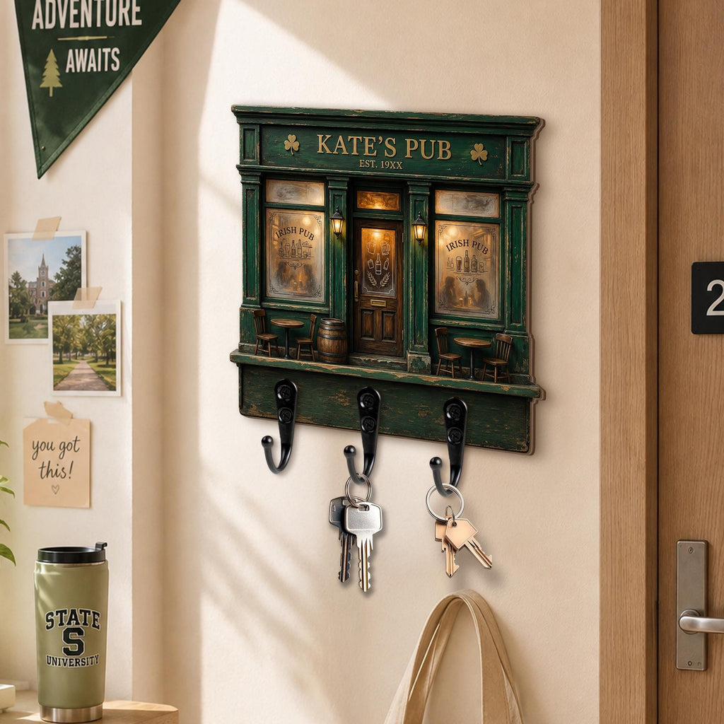 Personalized Irish Pub Key Holder, Custom Family Bar Sign, Shamrock Wall Key Rack, Rustic Entryway Decor, Housewarming Gift