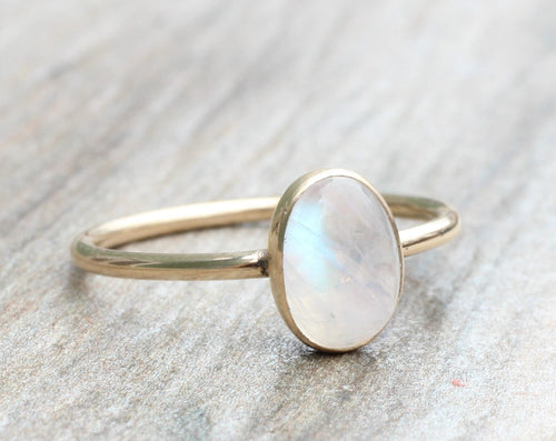14K Gold Filled or Sterling Silver Rainbow Moonstone Ring: Oval Stacking Ring