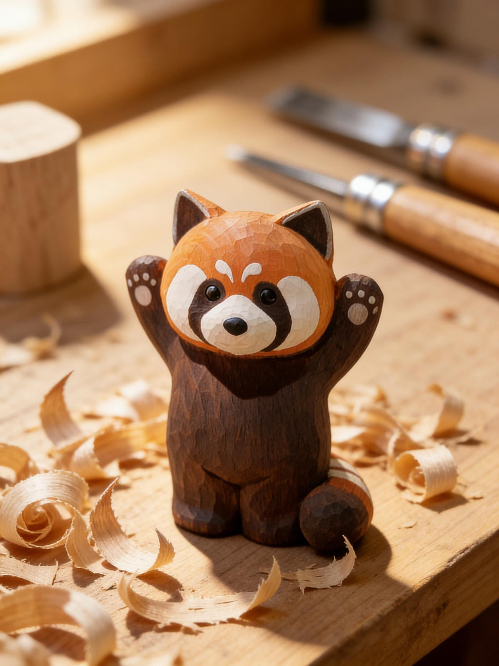Red Panda Figurine Wooden, Cute Panda Decor, Kawaii Animal Statue, Mini Panda Sculpture,Woodland Animal Decor, Small Panda Ornament
