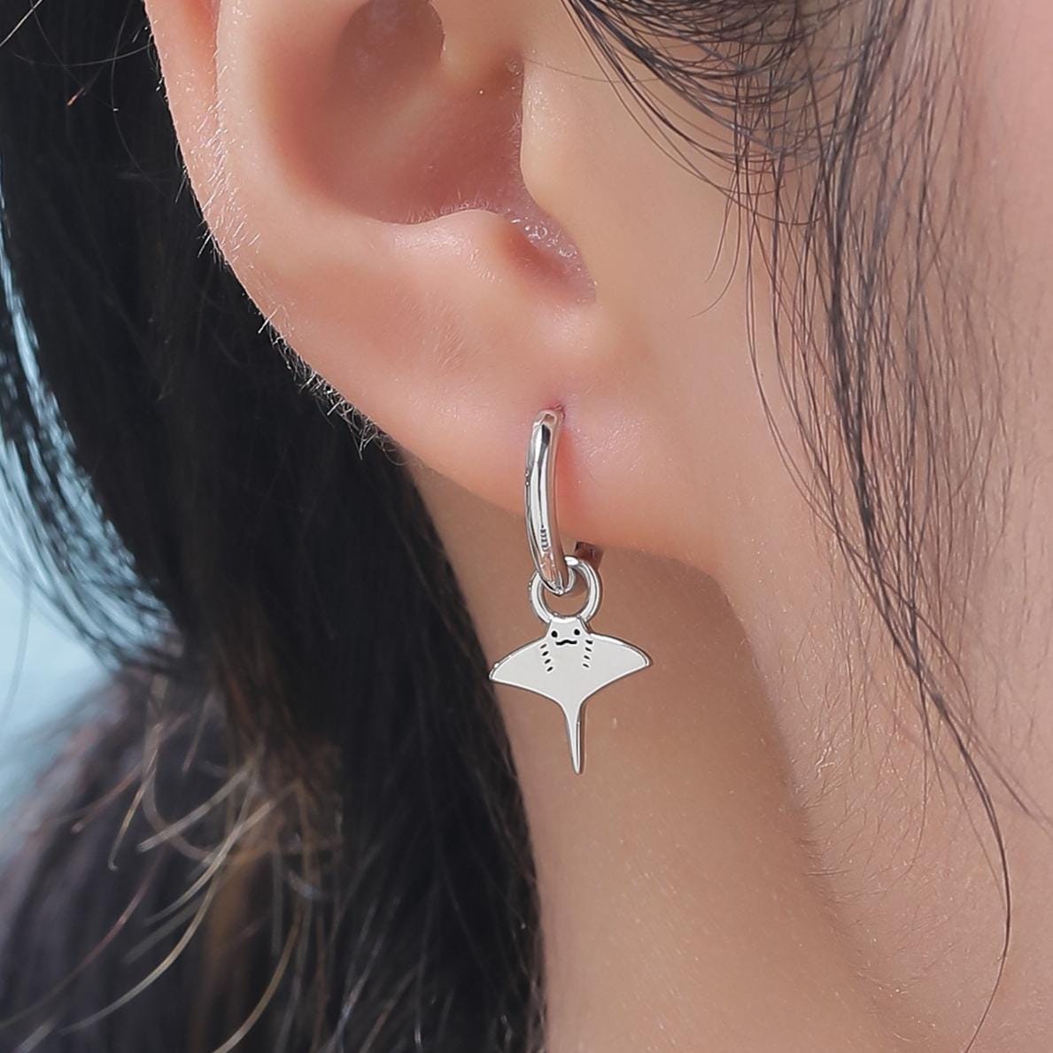 Mismatched Kawaii Hammerhead Shark and Manta Ray Huggie Hoop Earrings in Sterling Silver, Gold or Rose Gold, Asymmetric and Detachable