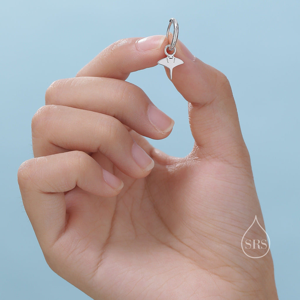 Mismatched Kawaii Hammerhead Shark and Manta Ray Huggie Hoop Earrings in Sterling Silver, Gold or Rose Gold, Asymmetric and Detachable