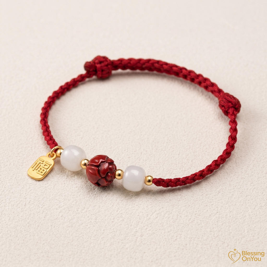 Cinnabar Lotus Red String Bracelet | Buddhist Meditation Bracelet | Handmade Protection Charm | Jade Fu Lucky Spiritual Bracelet Gift