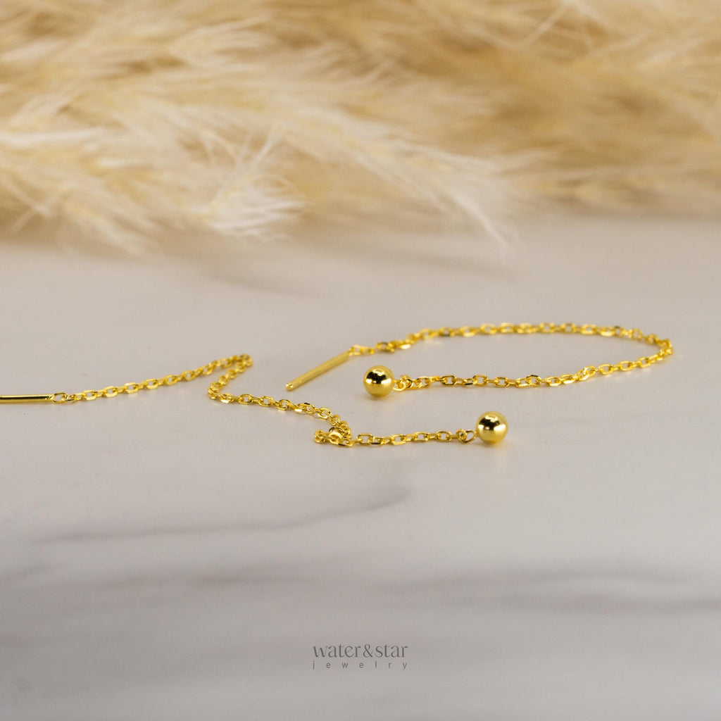 18K Gold Plated Ball Threader Earring: Sterling Silver Double Piercing Chain, second piercing earring, gift for ear piercing, pull through