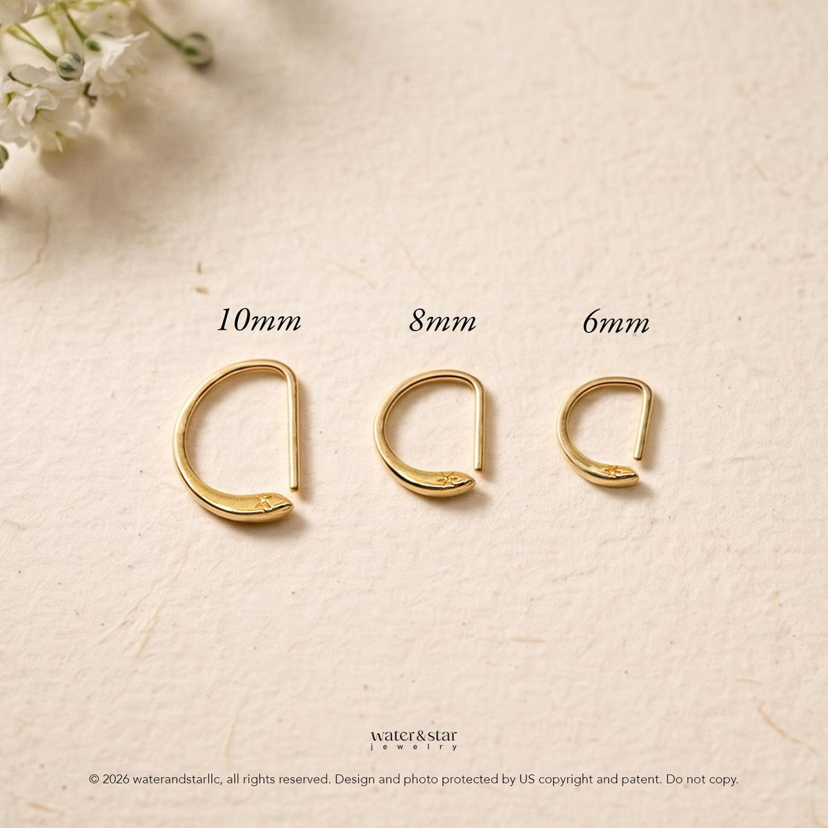 D Shape Sleeper Earrings, Open Hoop Earrings, Backless Half Hoops, Dainty Cartilage Hoop, Small Gold Huggie, Sterling Silver Nap Earrings