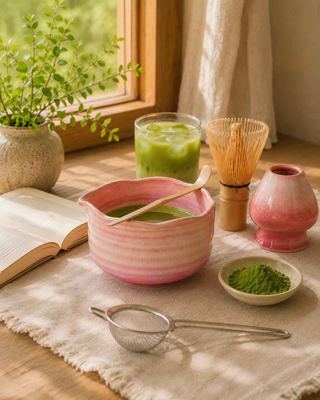 Natural Lavender Fog Matcha Bowl with Chasen Holder Matcha Gift Set Matcha Tea Gift Japanese Matcha Set of 4