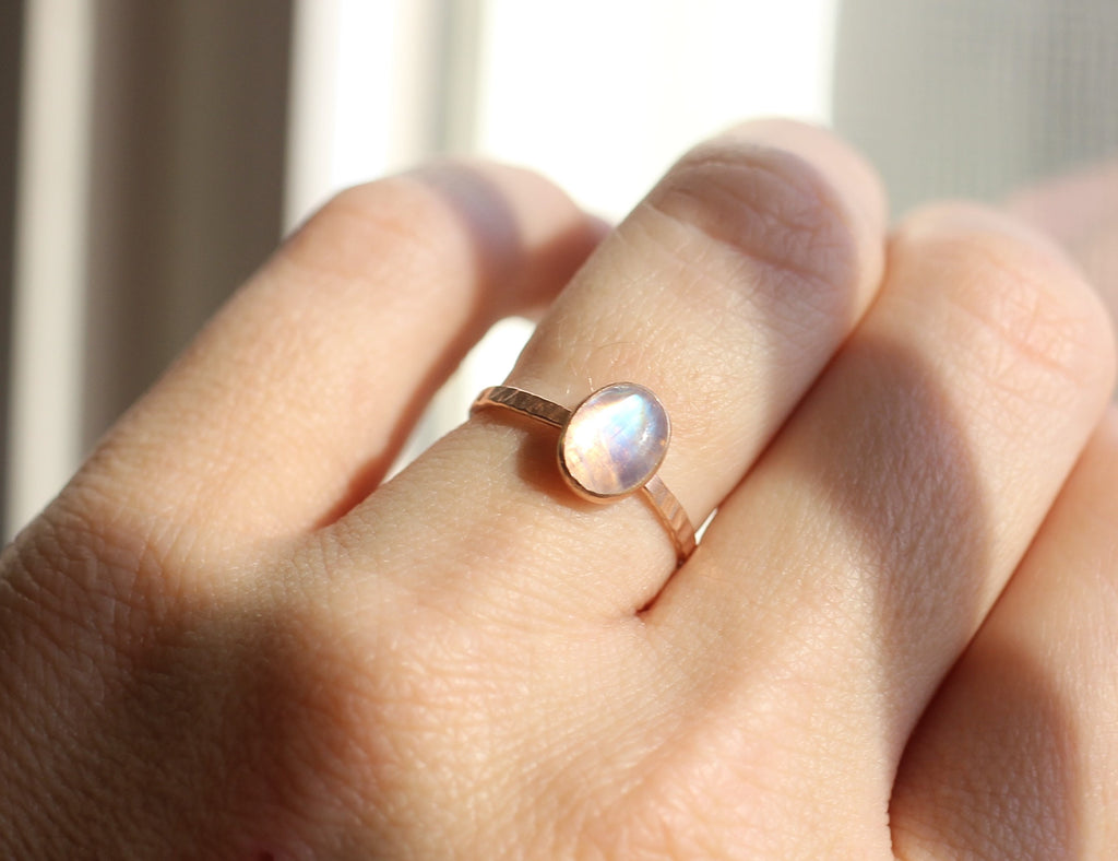 14K Gold Filled or Sterling Silver Rainbow Moonstone Ring: Oval Stacking Ring