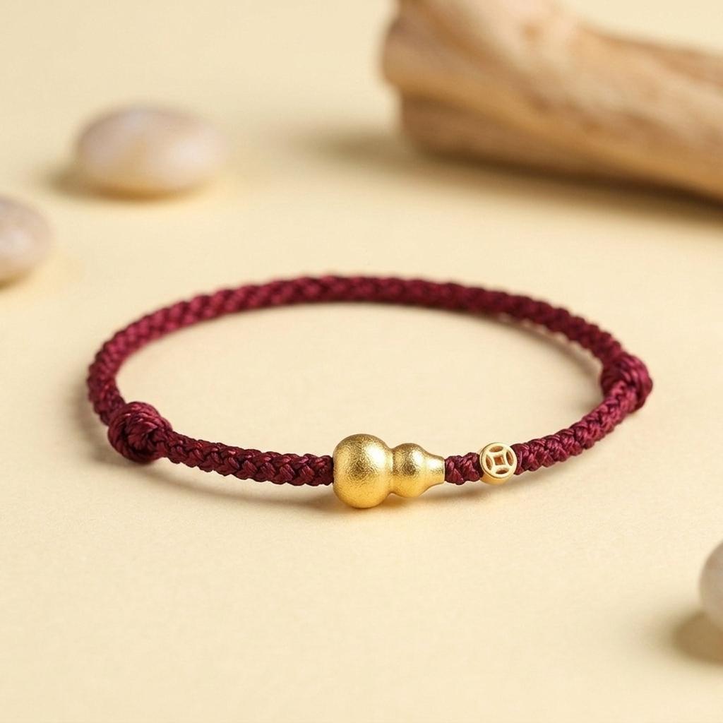 Gold Plated Fu Lu Gourd Red String Bracelet, Lucky Feng Shui Protection Bracelet, Adjustable Minimalist Coin Charm Jewelry Gift for Her Him