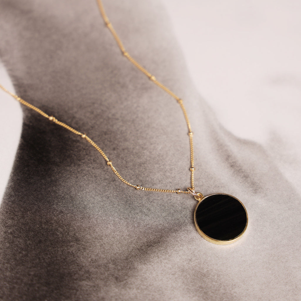 Black Obsidian Circle Pendant Necklace - Minimalist geometric jewelry on 18, 20 or 24 inch 14k gold filled satellite chain - Jewelry Gift
