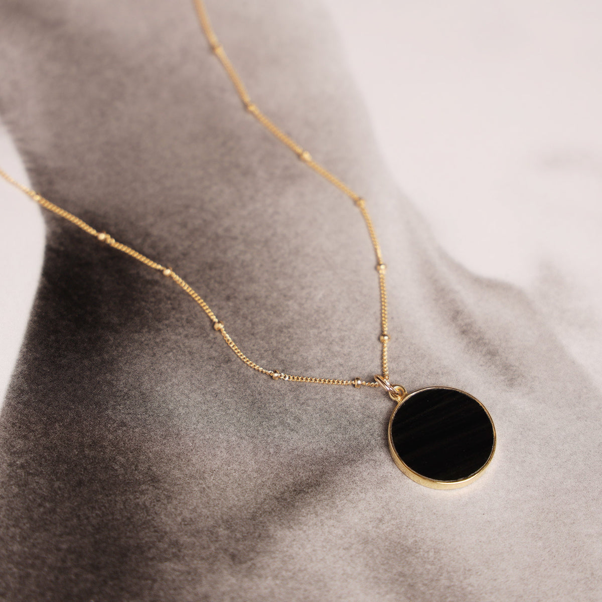 Black Obsidian Circle Pendant Necklace - Minimalist geometric jewelry on 18, 20 or 24 inch 14k gold filled satellite chain - Jewelry Gift