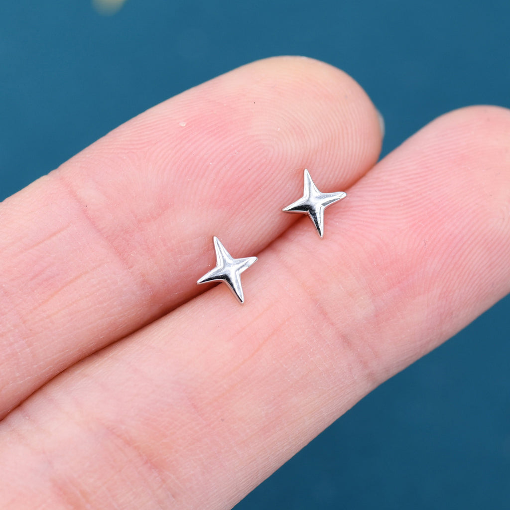 Four Point Star Stud Earrings in Sterling Silver, Tiny Celestial Stud, Gold or Silver, Tiny Star Earrings