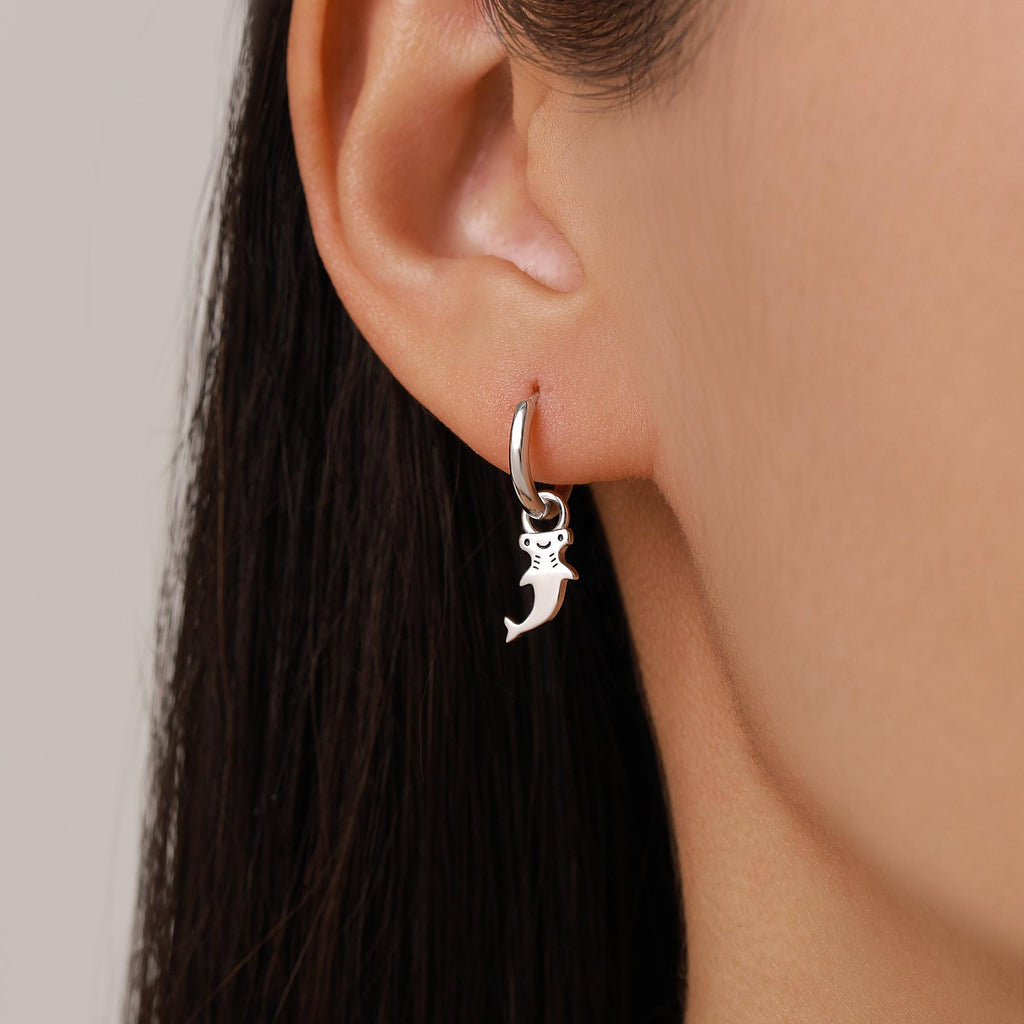Mismatched Kawaii Hammerhead Shark and Manta Ray Huggie Hoop Earrings in Sterling Silver, Gold or Rose Gold, Asymmetric and Detachable