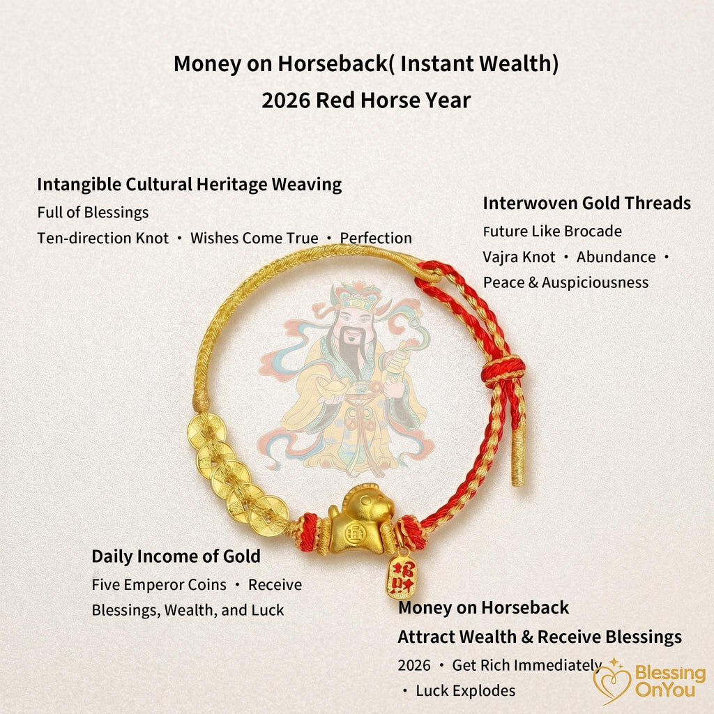Red String Wealth Bracelet, Wealth Attraction Lucky Horse Charm, Prosperity & Protection Gift, Feng Shui Five Emperors Coins Bracelet
