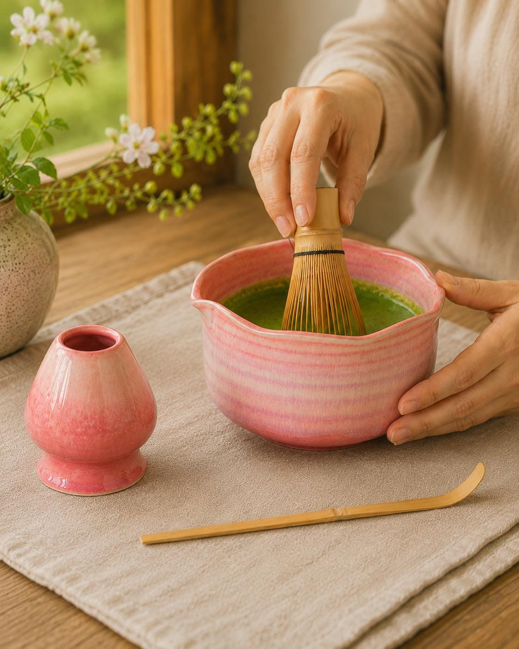 Natural Lavender Fog Matcha Bowl with Chasen Holder Matcha Gift Set Matcha Tea Gift Japanese Matcha Set of 4