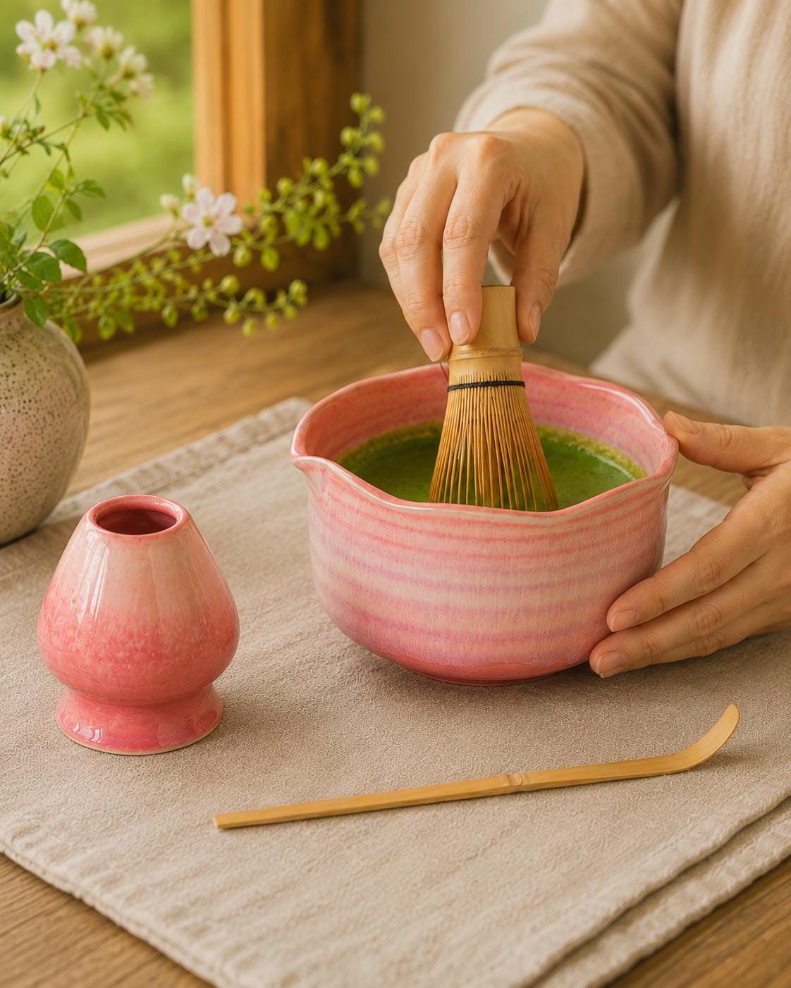 Natural Lavender Fog Matcha Bowl with Chasen Holder Matcha Gift Set Matcha Tea Gift Japanese Matcha Set of 4