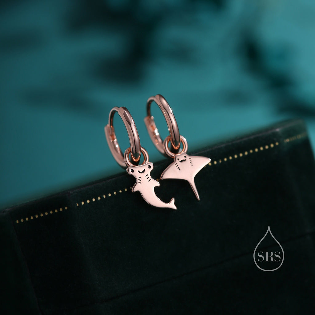 Mismatched Kawaii Hammerhead Shark and Manta Ray Huggie Hoop Earrings in Sterling Silver, Gold or Rose Gold, Asymmetric and Detachable