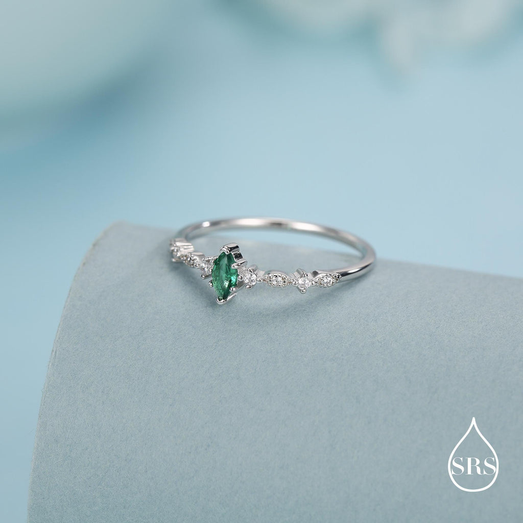 Vintage Inspired Emerald Green CZ Ring in Sterling Silver, Marquise Ring, Delicate Emerald Ring, Size US 5 - 8