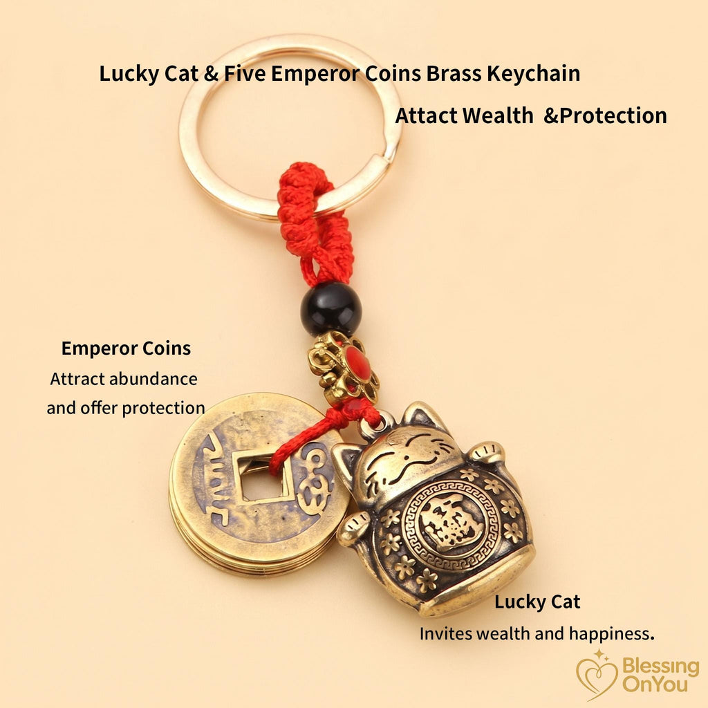 Feng Shui Lucky Cat Keychain, Five Emperor Coins Brass Keychain, Pixiu Wealth Charm, Wu Lou Gourd, Protection Amulet, Lucky Gift