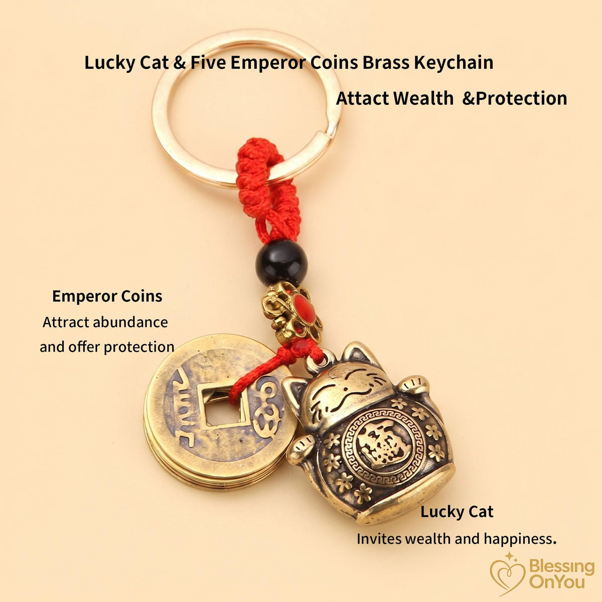 Feng Shui Lucky Cat Keychain, Five Emperor Coins Brass Keychain, Pixiu Wealth Charm, Wu Lou Gourd, Protection Amulet, Lucky Gift