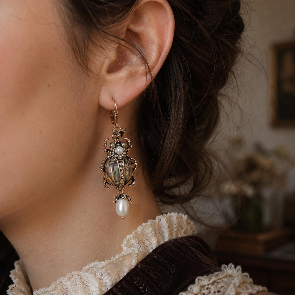 Beetle Earrings, Iridescent Shell and Baroque Pearl Dangles, Victorian Gothic Insect Jewelry