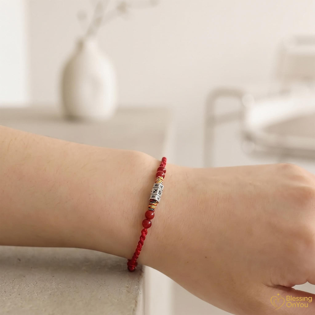 Tibetan Six Syllable Mantra Bracelet | Handwoven Red String Protection Bracelet | Cinnabar Energy Amulet | Buddhist Blessing Gift